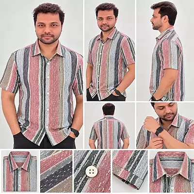 Multicolor Vertical Stripe Textured Half Sleeve Shirt 4840
