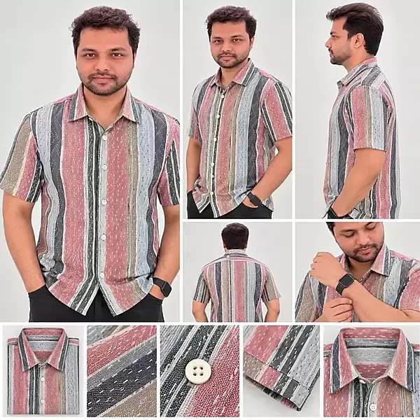 Multicolor Vertical Stripe Textured Half Sleeve Shirt 4840