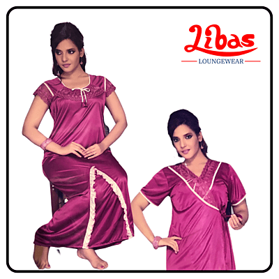 Plain dark lavender satin two piece fancy nighty with net & lace work from libas loungewear-FCN054