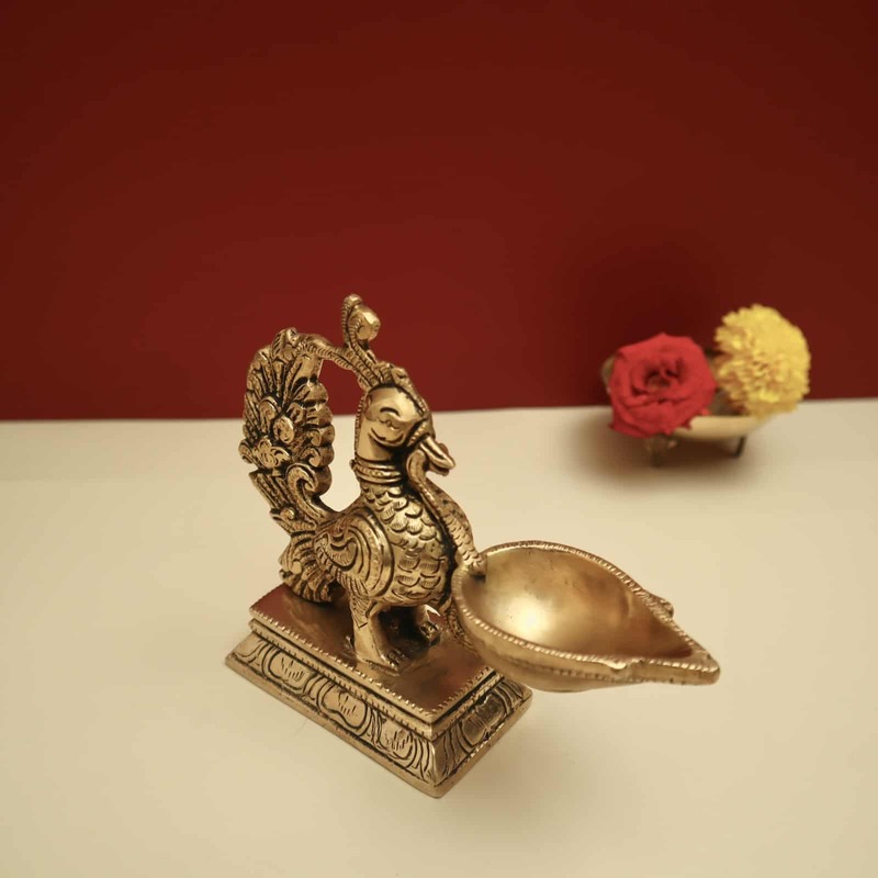 Brass Peacock Design Diya for Pooja and Home Decor - 6.2 inch Height | Ornate Brass Diya with Peacock Design for Pooja and Decorative Purposes