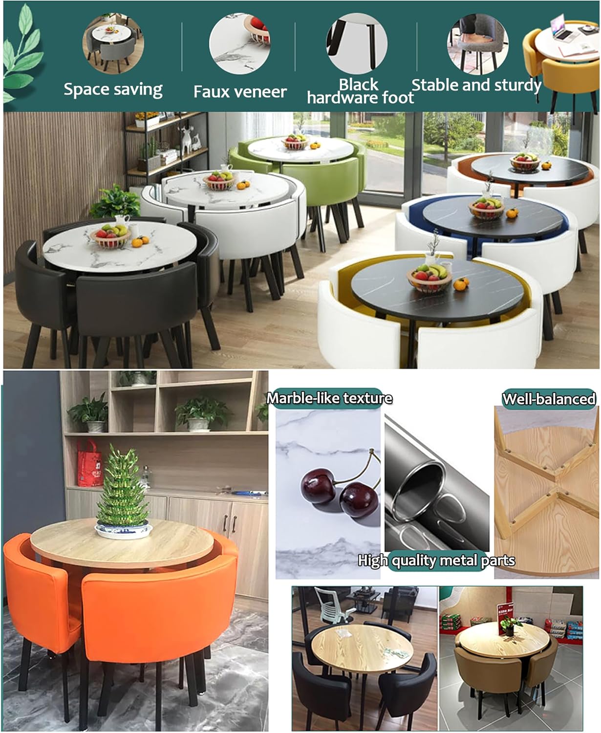 Modern Space-Saving Round Dining Table Set with Hidden Chairs
