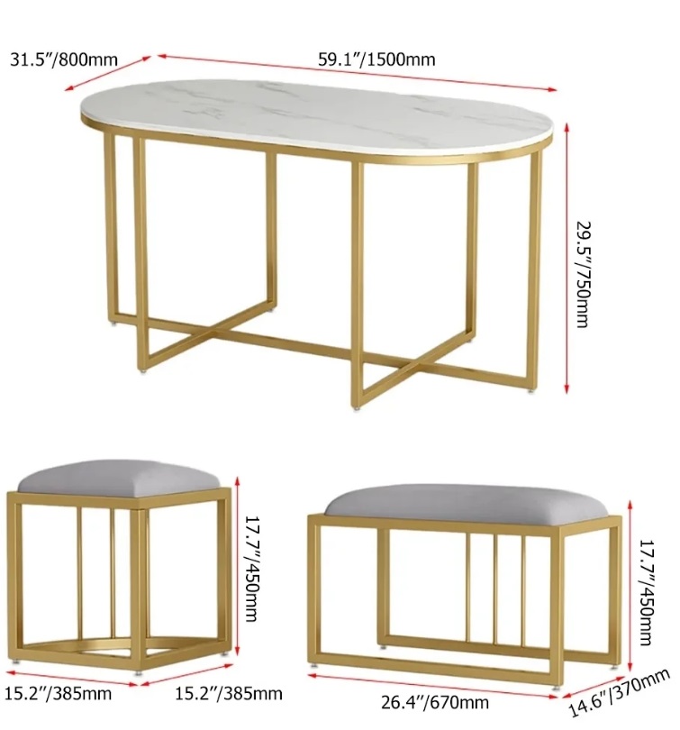 Luxury Space-Saving Oval Dining Table Set with 6 Nesting Stools � Marble Top & Gold Frame