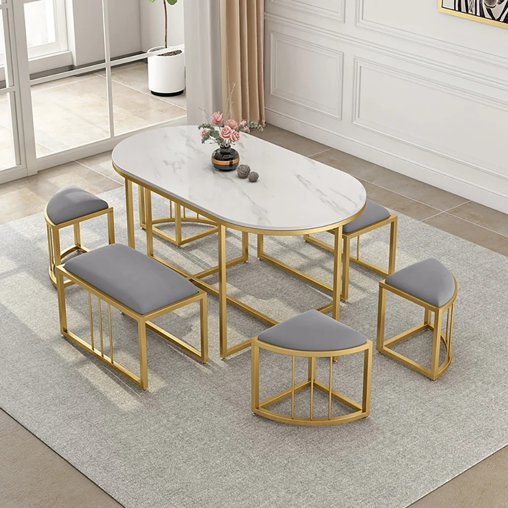 Luxury Space-Saving Oval Dining Table Set with 6 Nesting Stools � Marble Top & Gold Frame