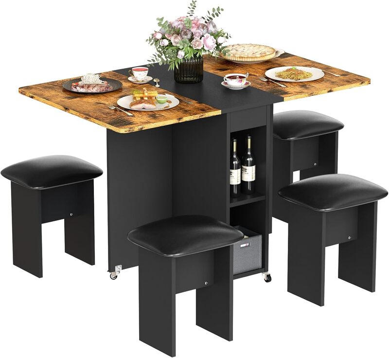 Multifunctional Foldable Dining Table Set with 4 Stools & Storage � Rustic Brown & Black, Space-Saving Design