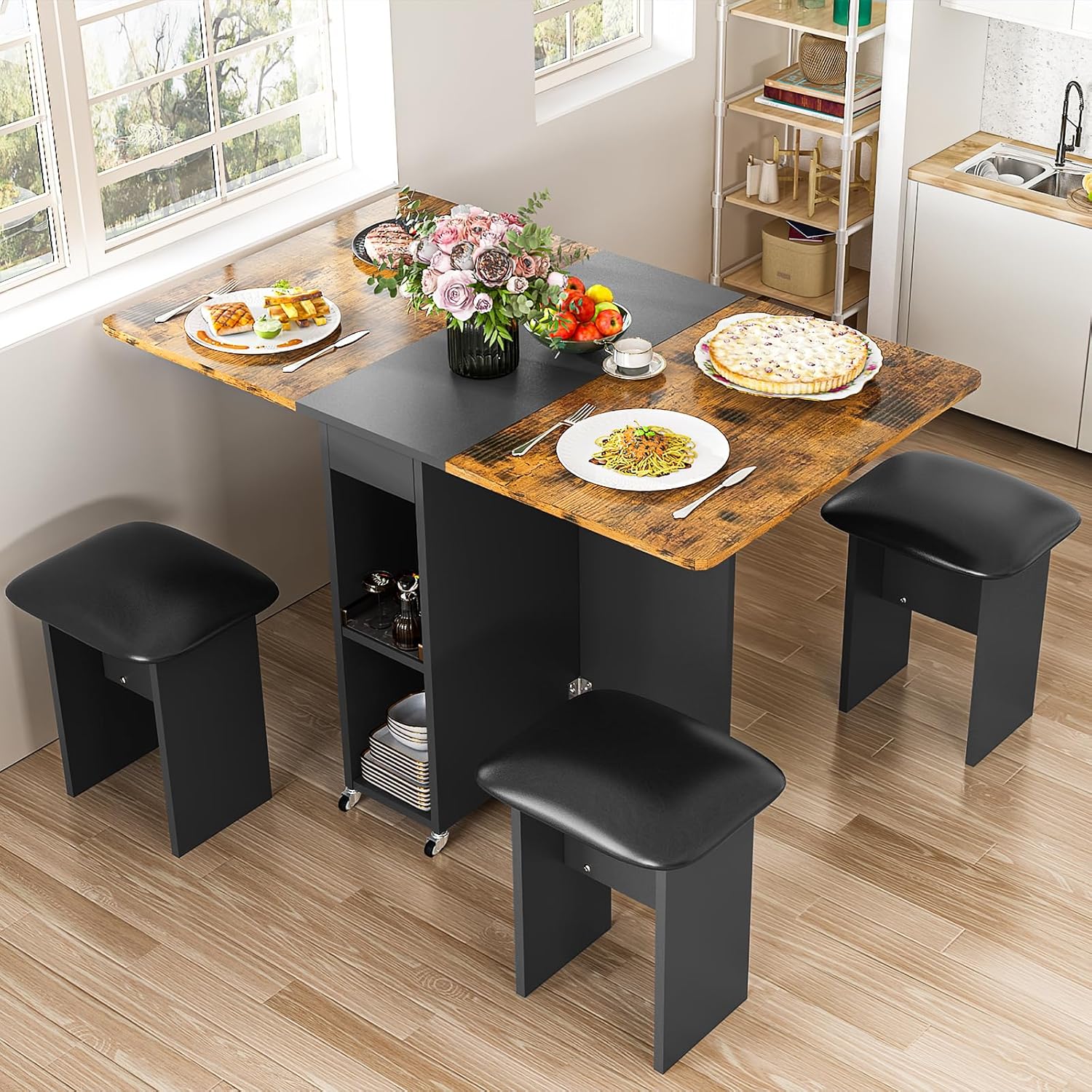 Multifunctional Foldable Dining Table Set with 4 Stools & Storage � Rustic Brown & Black, Space-Saving Design