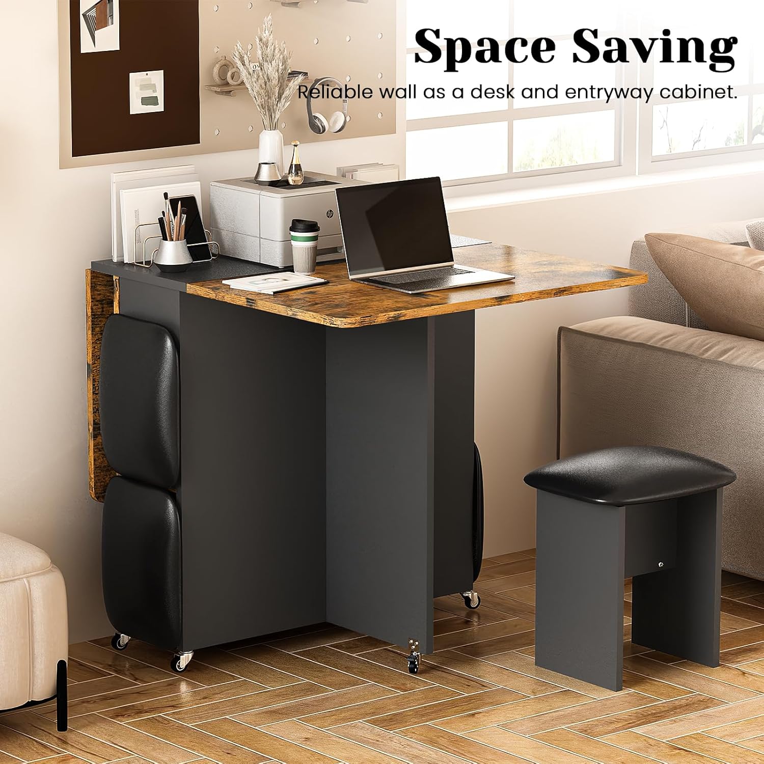 Multifunctional Foldable Dining Table Set with 4 Stools & Storage � Rustic Brown & Black, Space-Saving Design