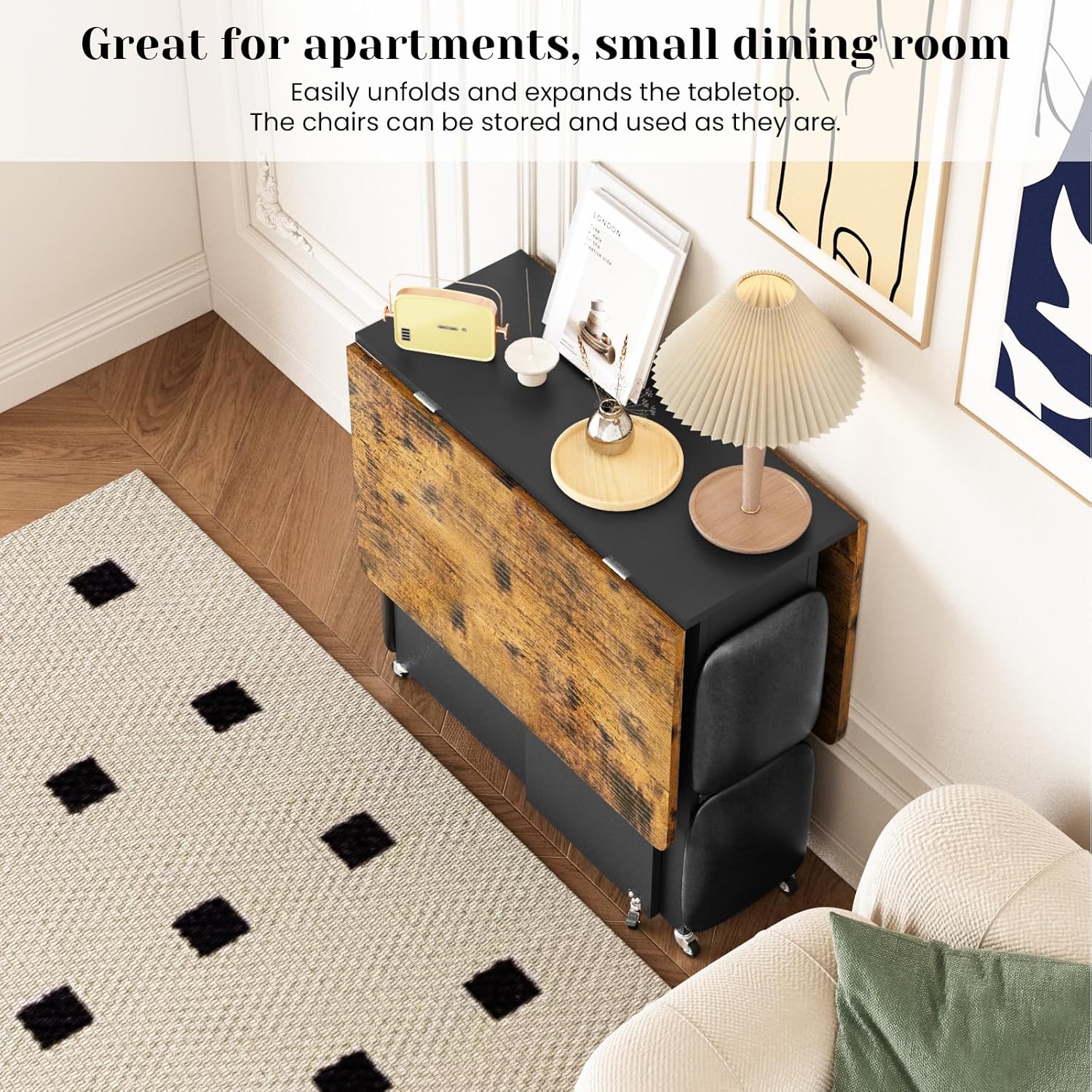 Multifunctional Foldable Dining Table Set with 4 Stools & Storage � Rustic Brown & Black, Space-Saving Design