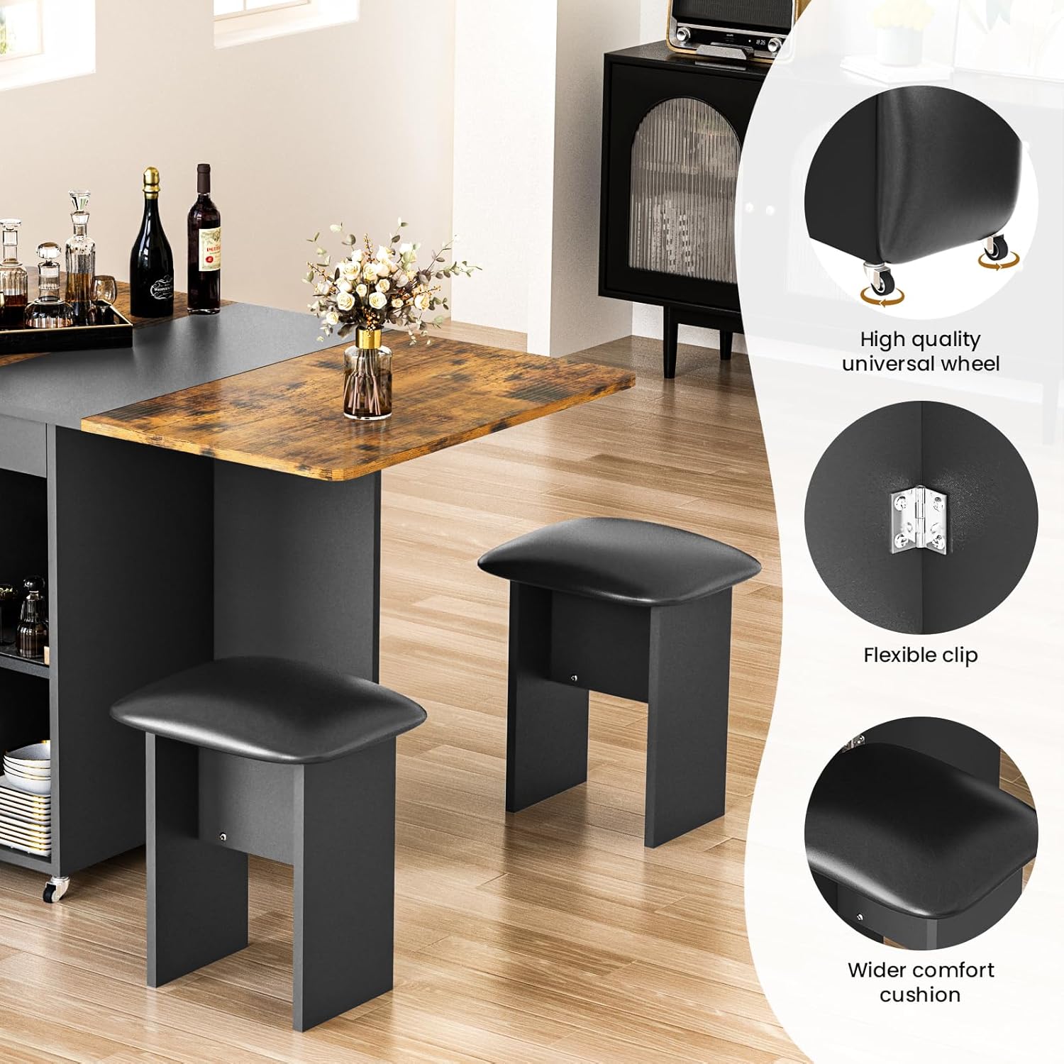 Multifunctional Foldable Dining Table Set with 4 Stools & Storage � Rustic Brown & Black, Space-Saving Design