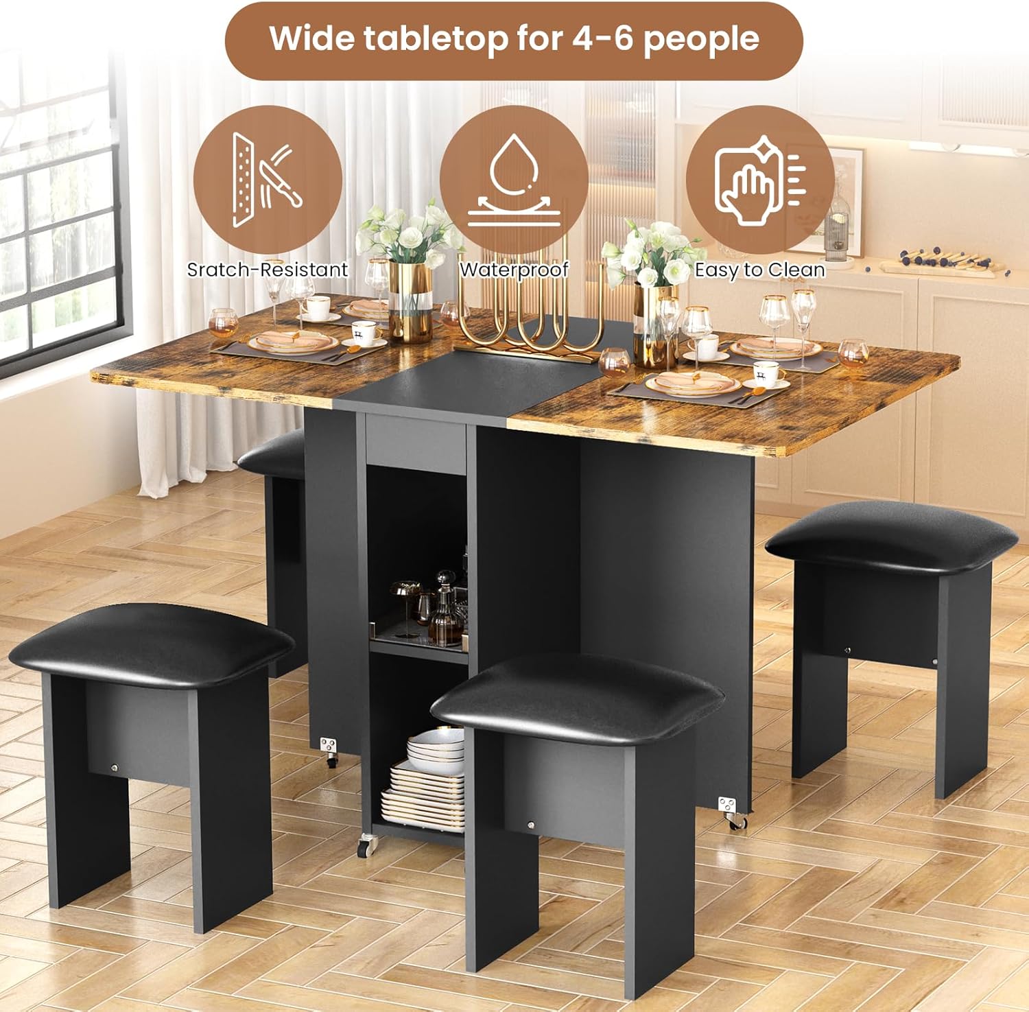 Multifunctional Foldable Dining Table Set with 4 Stools & Storage � Rustic Brown & Black, Space-Saving Design