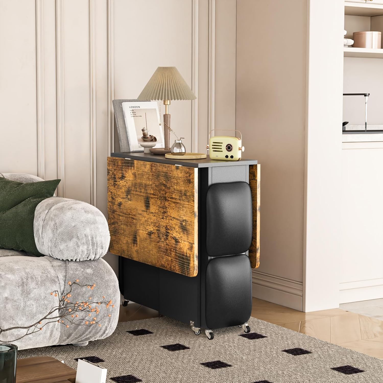 Multifunctional Foldable Dining Table Set with 4 Stools & Storage � Rustic Brown & Black, Space-Saving Design