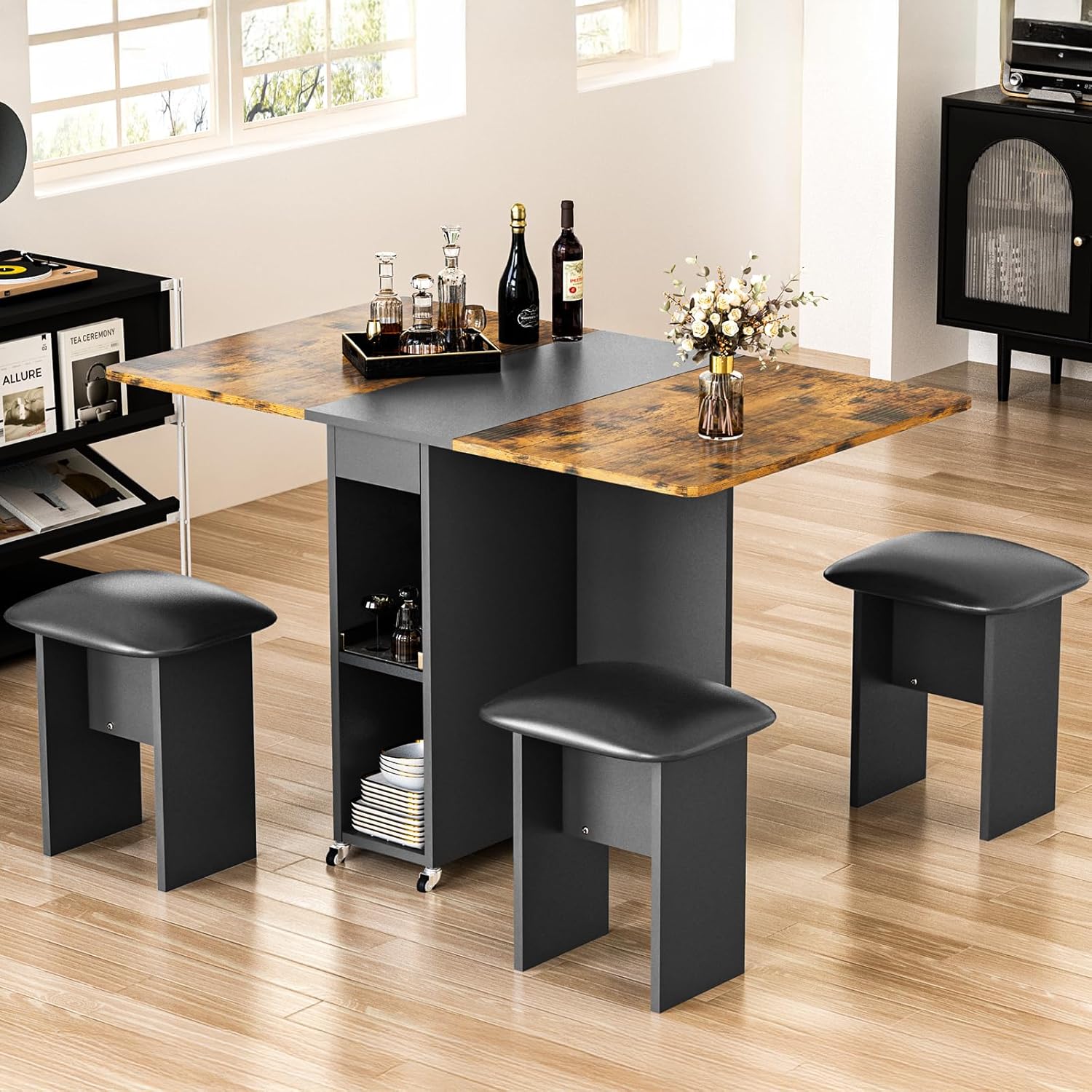 Multifunctional Foldable Dining Table Set with 4 Stools & Storage � Rustic Brown & Black, Space-Saving Design