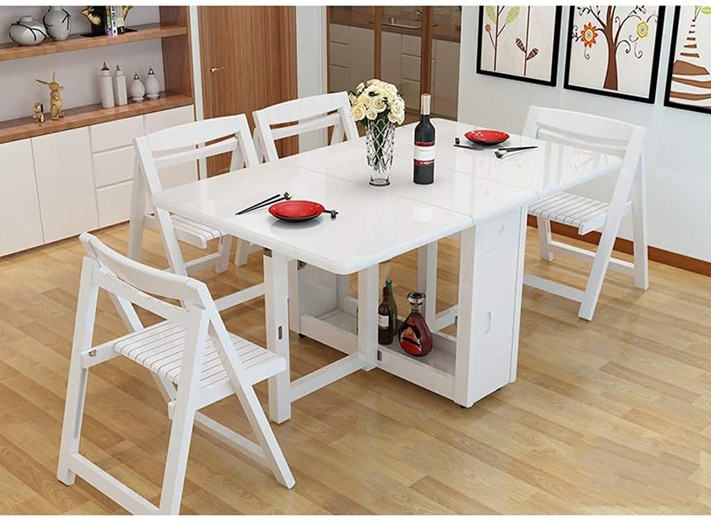 Modern Glossy White Foldable Dining Table Set with Storage | Space-Saving Convertible Table with 6 Chairs � FSSFD_15