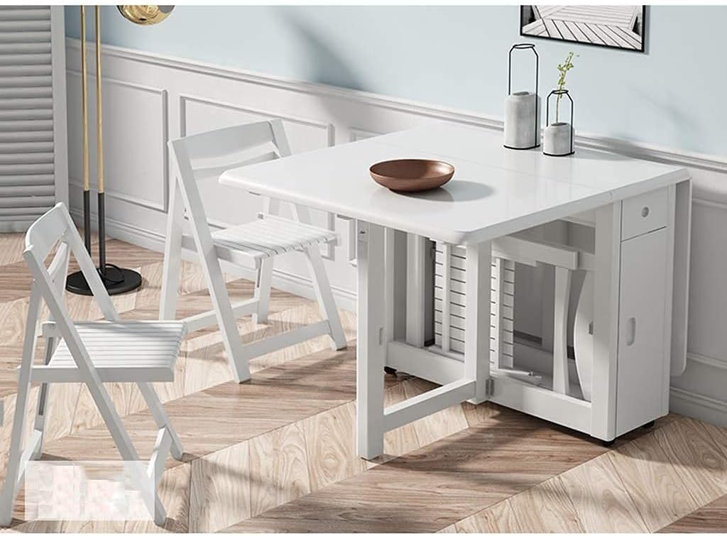 Modern Glossy White Foldable Dining Table Set with Storage | Space-Saving Convertible Table with 6 Chairs � FSSFD_15