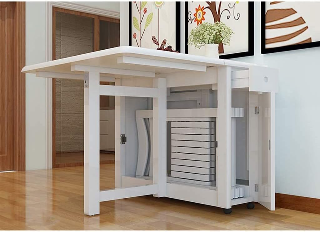 Modern Glossy White Foldable Dining Table Set with Storage | Space-Saving Convertible Table with 6 Chairs � FSSFD_15