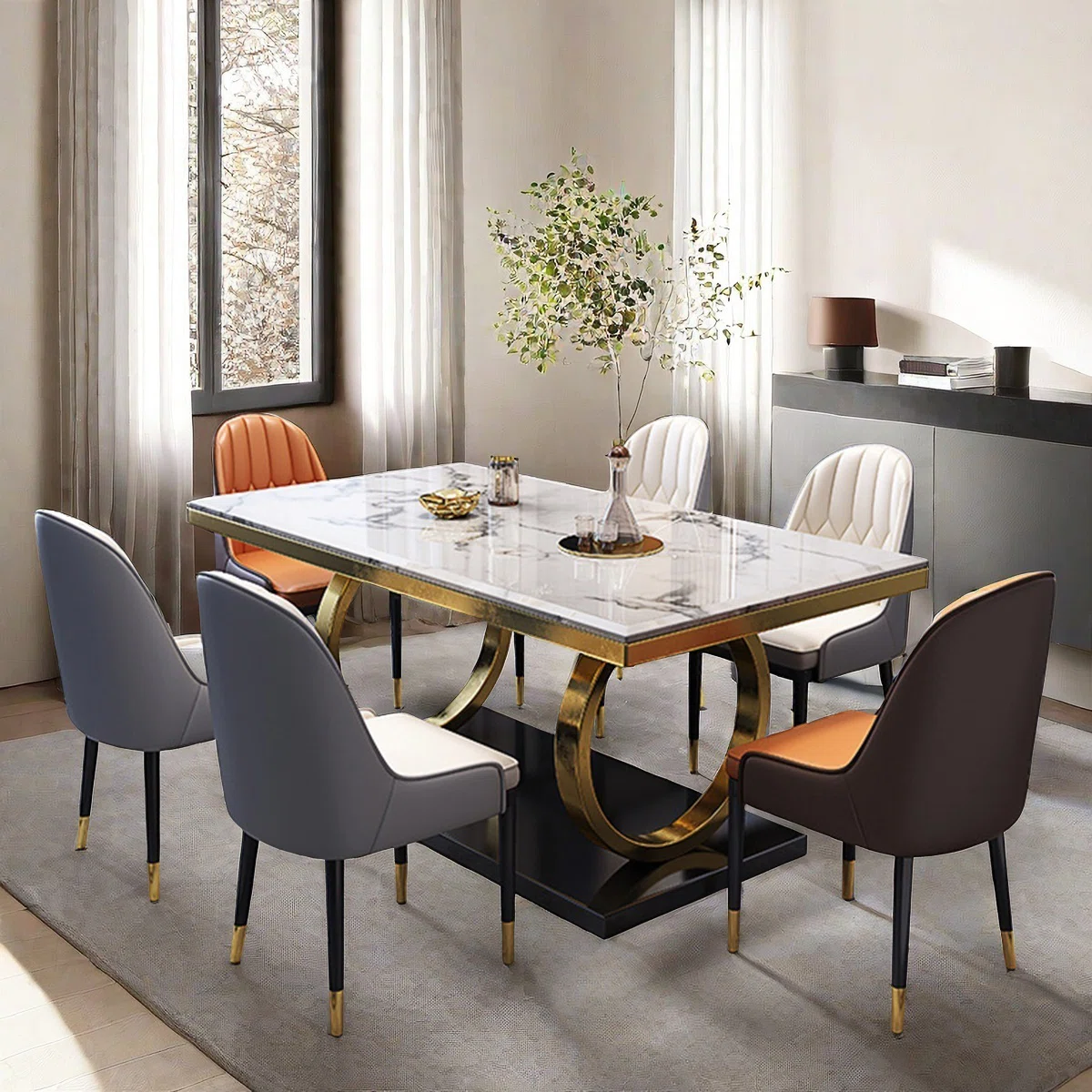 Modern Luxury Marble Dining Table Set with 6 Elegant Chairs � White Marble Top & Gold Base (FSSFD-16)