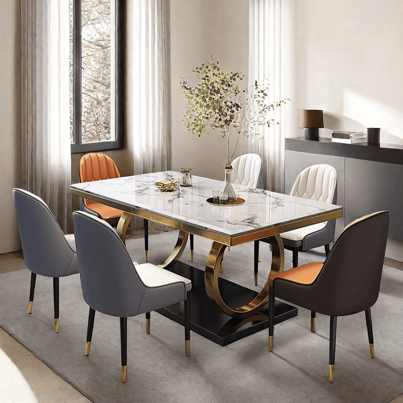 Modern Luxury Marble Dining Table Set with 6 Elegant Chairs � White Marble Top & Gold Base (FSSFD-16)