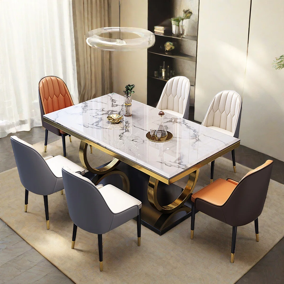Modern Luxury Marble Dining Table Set with 6 Elegant Chairs � White Marble Top & Gold Base (FSSFD-16)