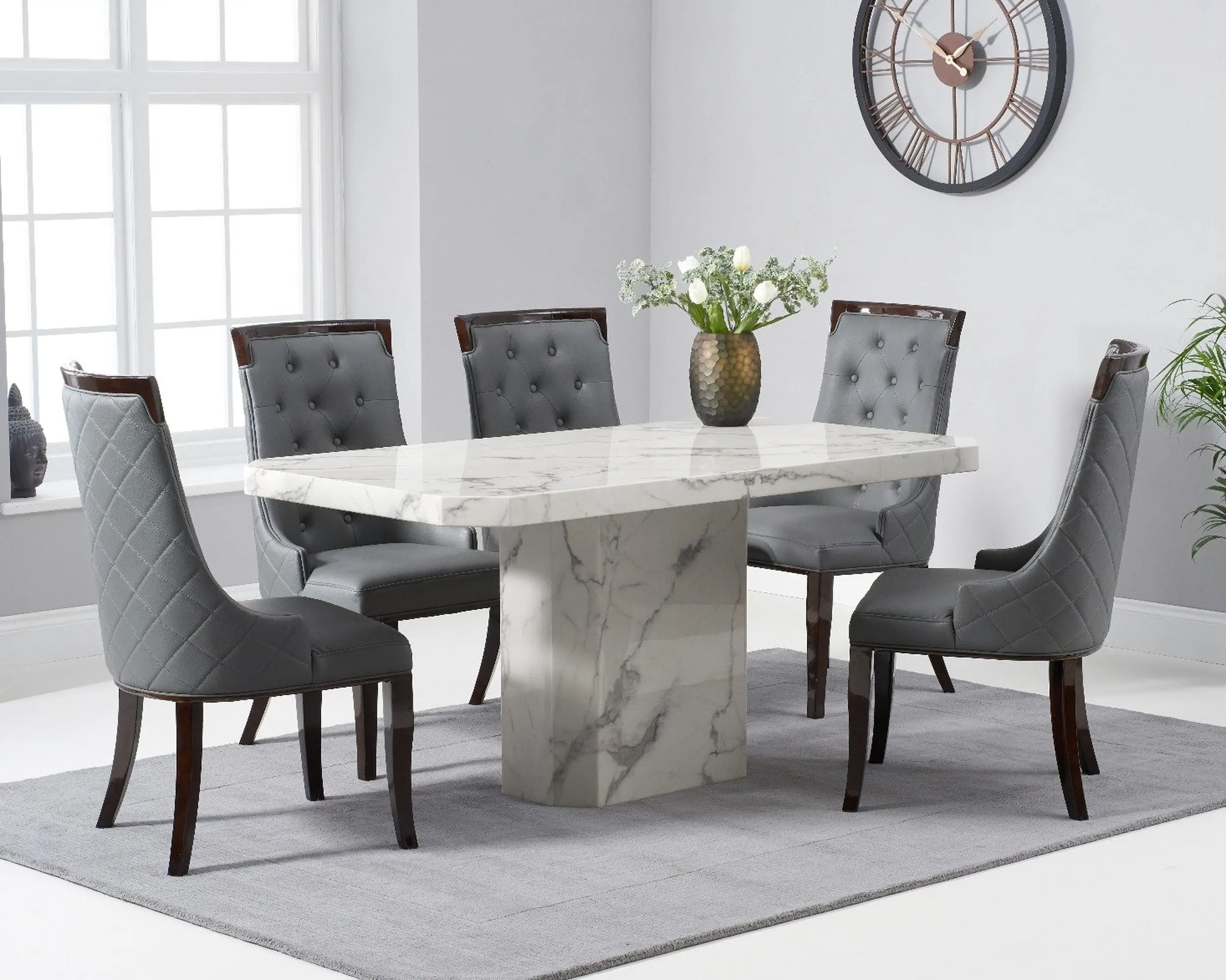 Modern 6-Seater Marble Dining Table Set with Upholstered Chairs – Grey & Cream Options