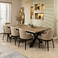 Modern 8-Seater Wooden Dining Table with Beige Cushioned Chairs � X-Leg Base Design