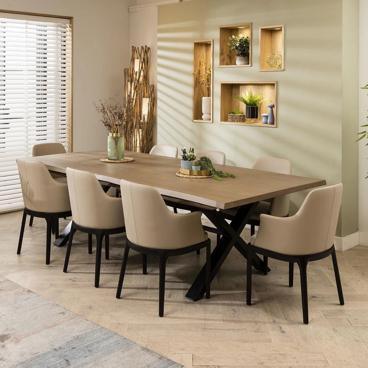 Modern 8-Seater Wooden Dining Table with Beige Cushioned Chairs � X-Leg Base Design