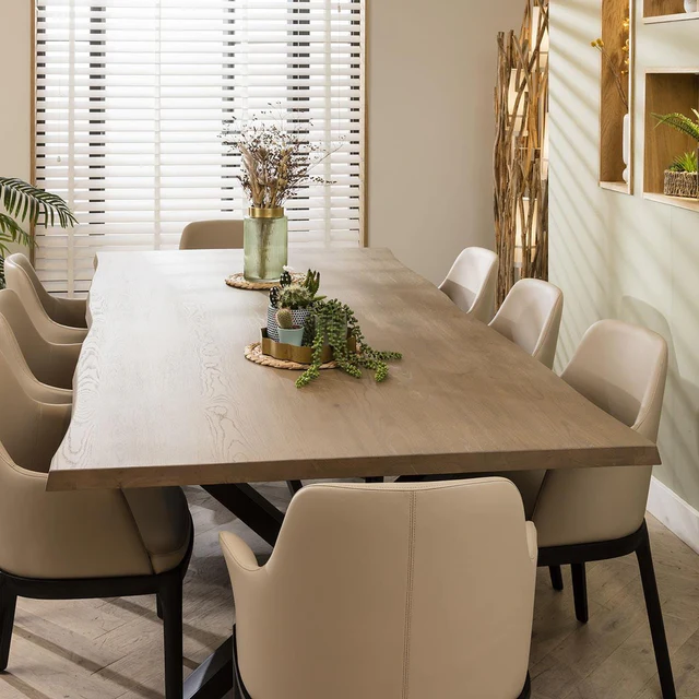 Modern 8-Seater Wooden Dining Table with Beige Cushioned Chairs � X-Leg Base Design