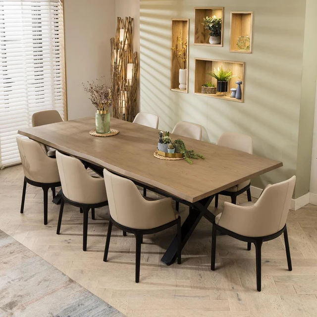 Modern 8-Seater Wooden Dining Table with Beige Cushioned Chairs � X-Leg Base Design