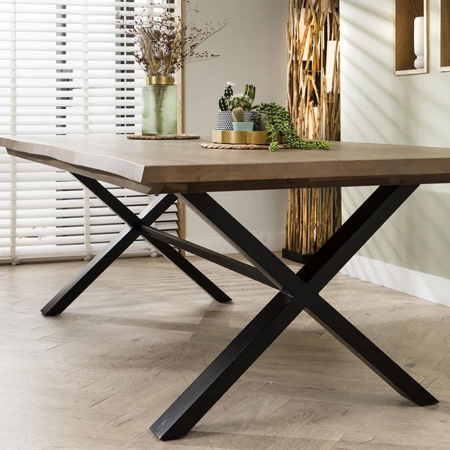 Modern 8-Seater Wooden Dining Table with Beige Cushioned Chairs � X-Leg Base Design