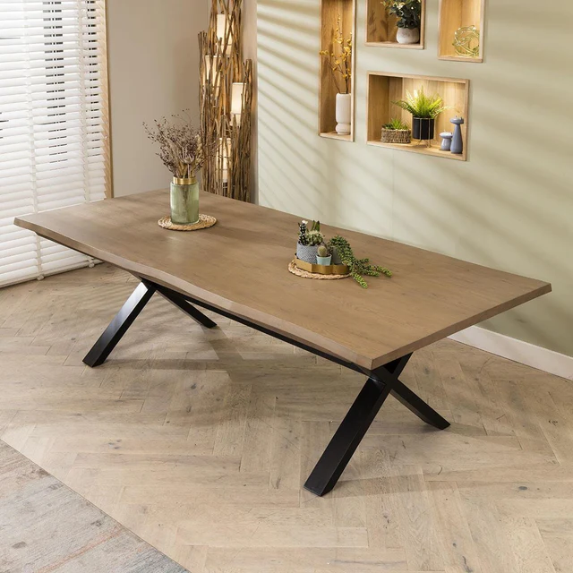 Modern 8-Seater Wooden Dining Table with Beige Cushioned Chairs � X-Leg Base Design