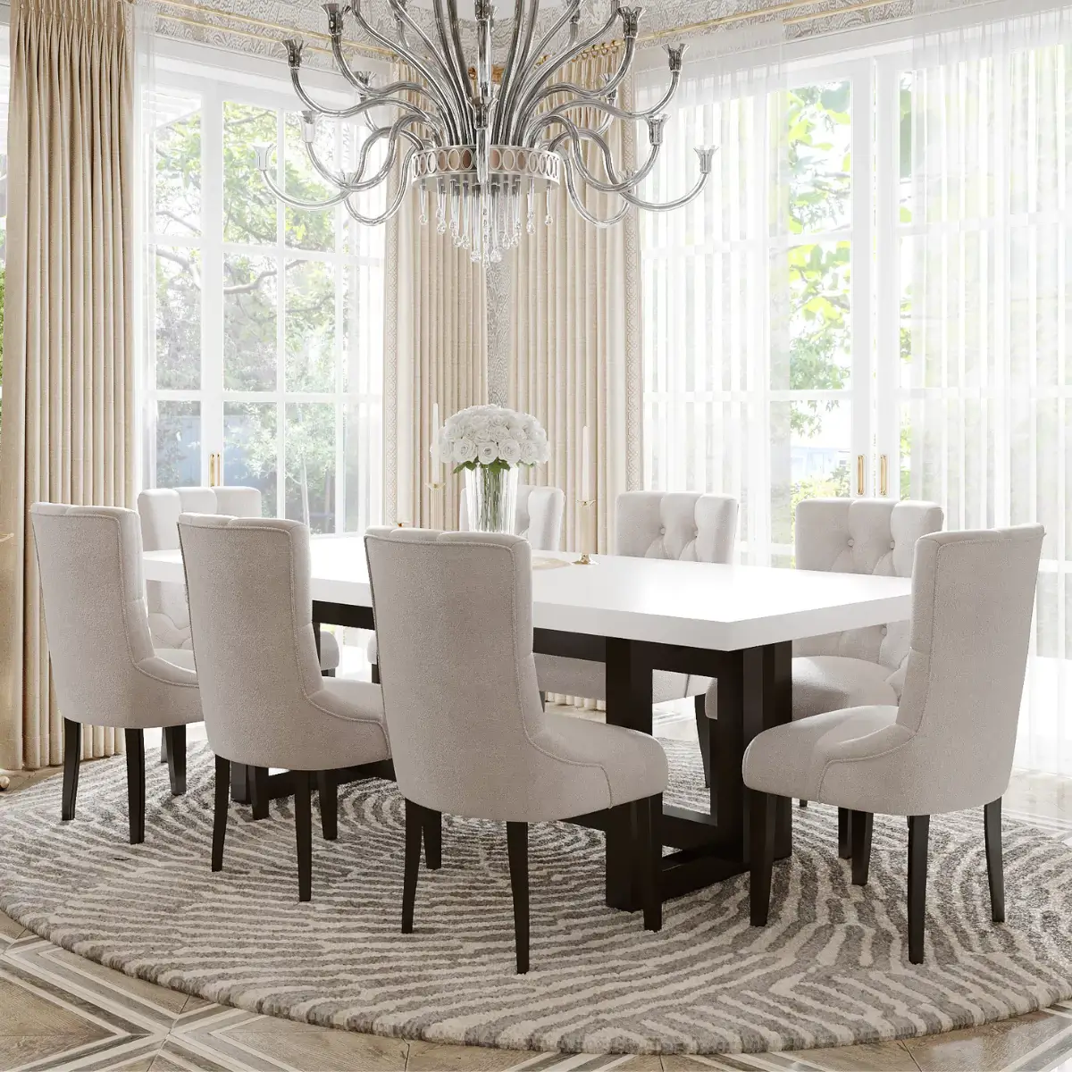 Premium 8-Seater White Dining Table Set with Tufted Upholstered Chairs � Elegant Modern Classic Design