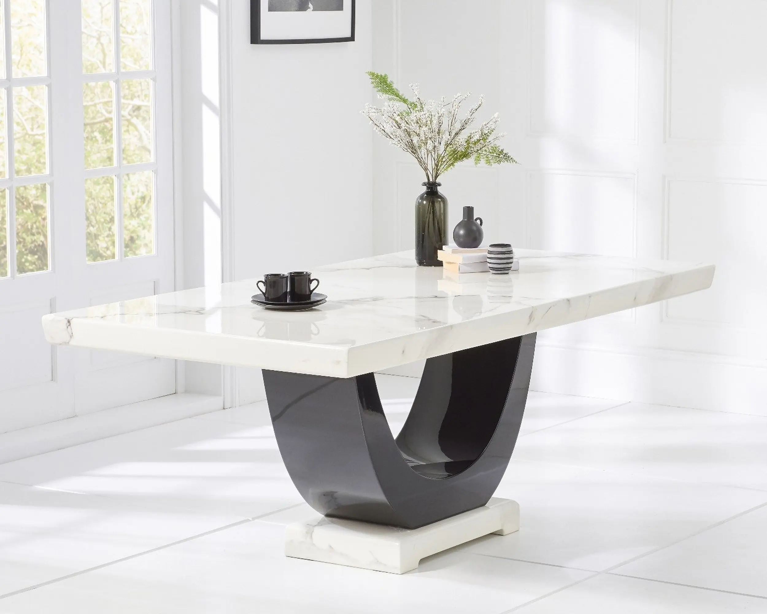Modern Marble Dining Table Set with 6 Diamond-Stitched Grey Chairs � High Gloss Black Base