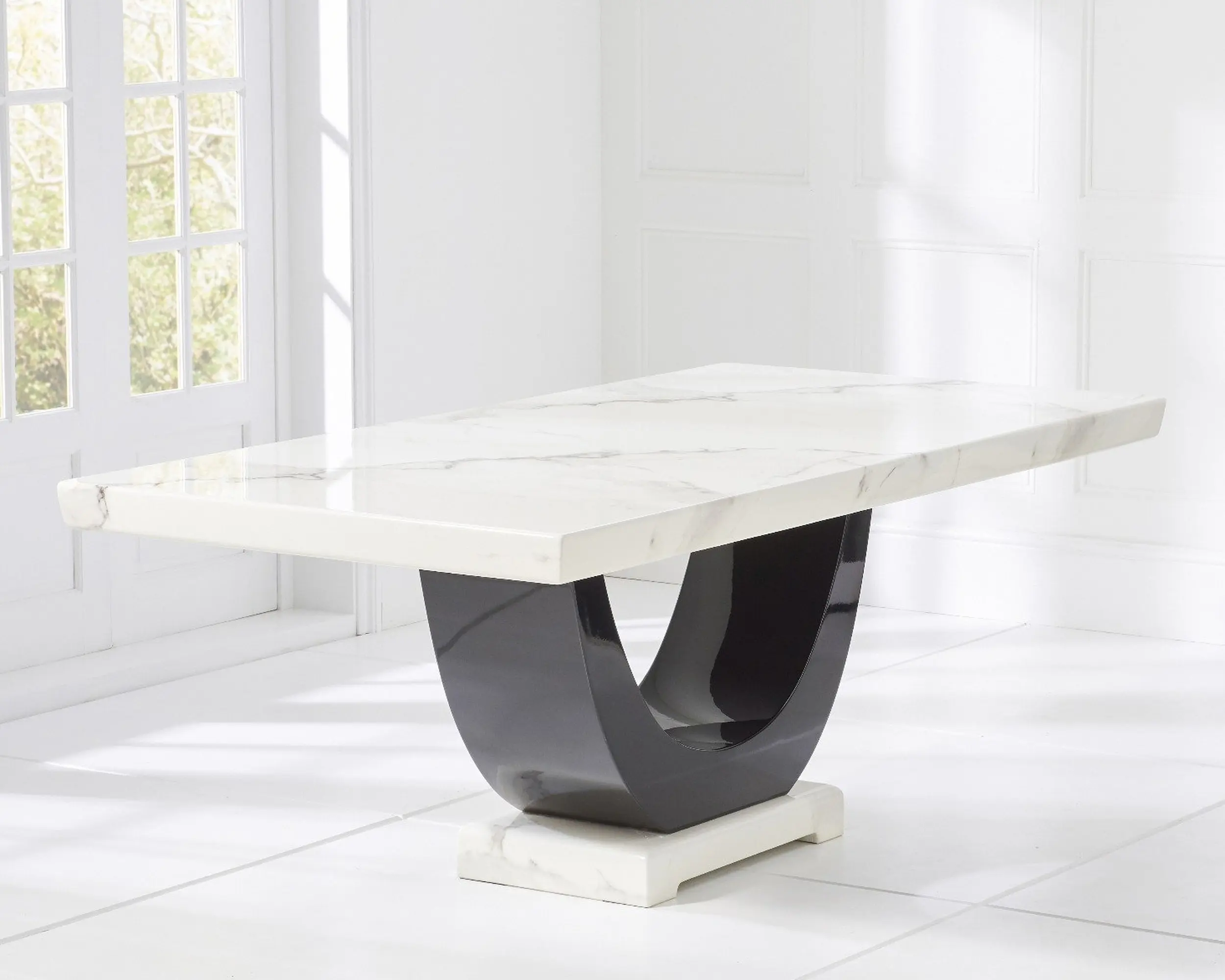 Luxury White Marble Dining Table with High-Gloss Black Curved Base � Contemporary 6-Seater Design