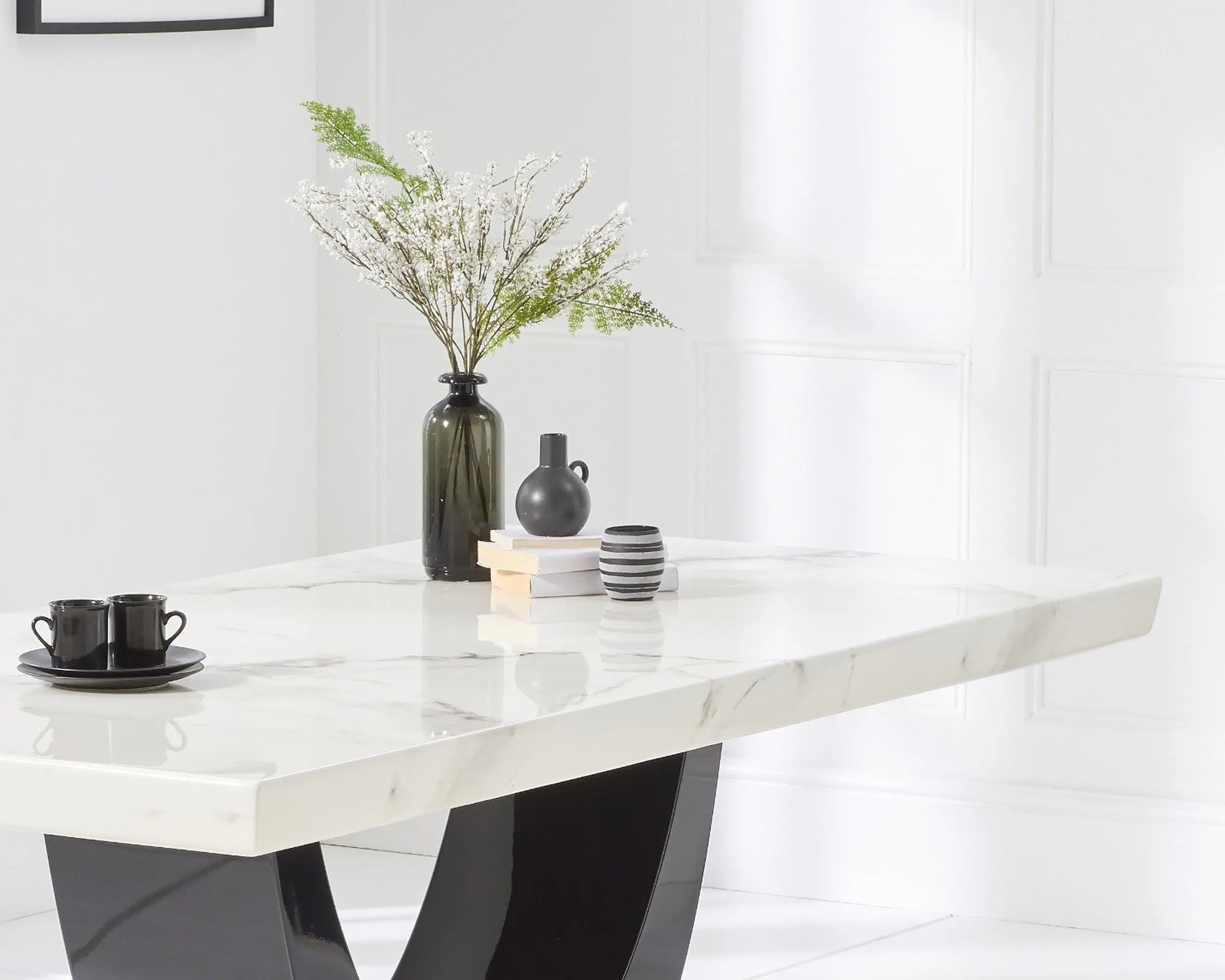 Modern White Marble Dining Table Set with 6 Beige color Quilted Chairs � Curved Black Base