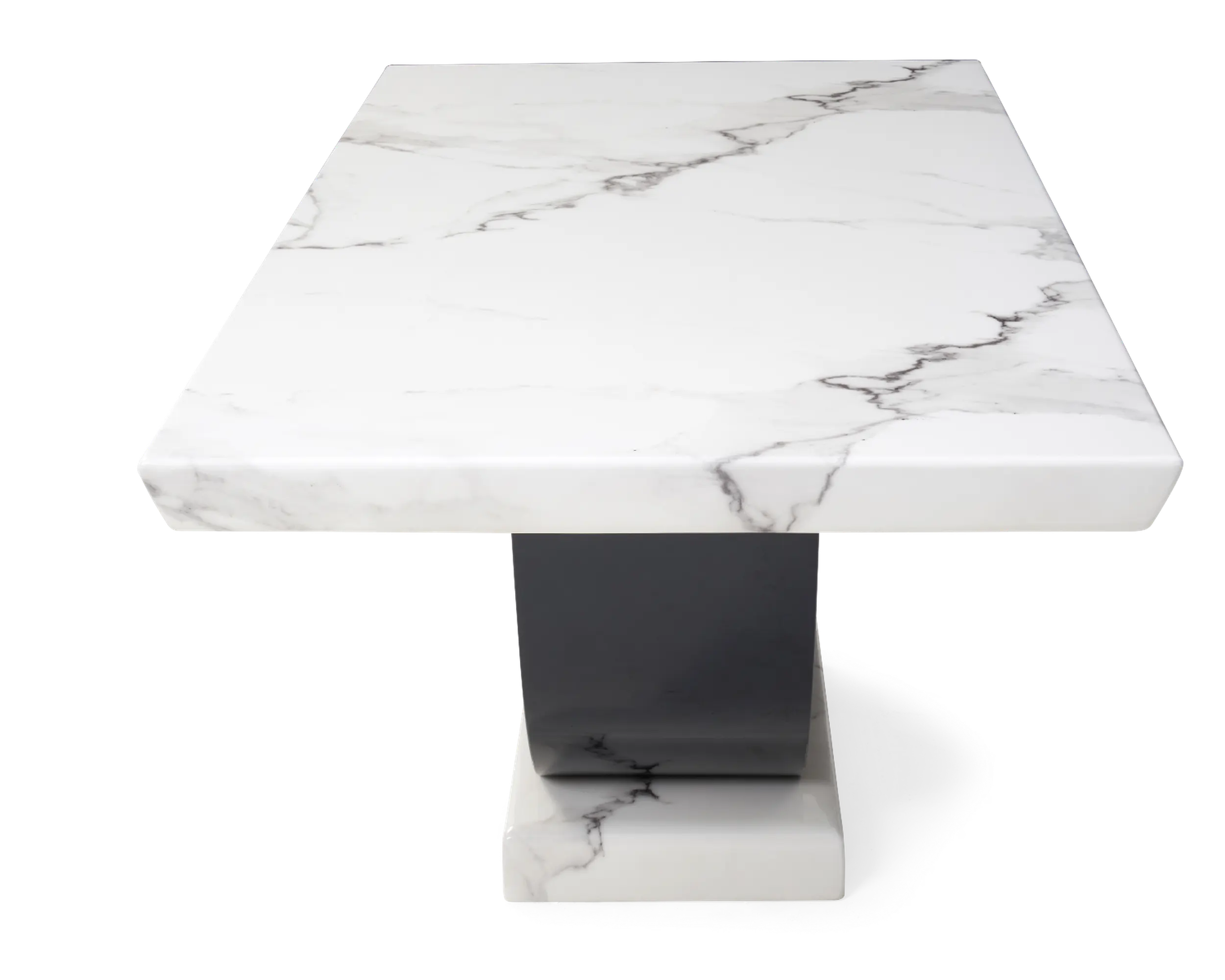 Modern White Marble Dining Table Set with 6 Beige color Quilted Chairs � Curved Black Base