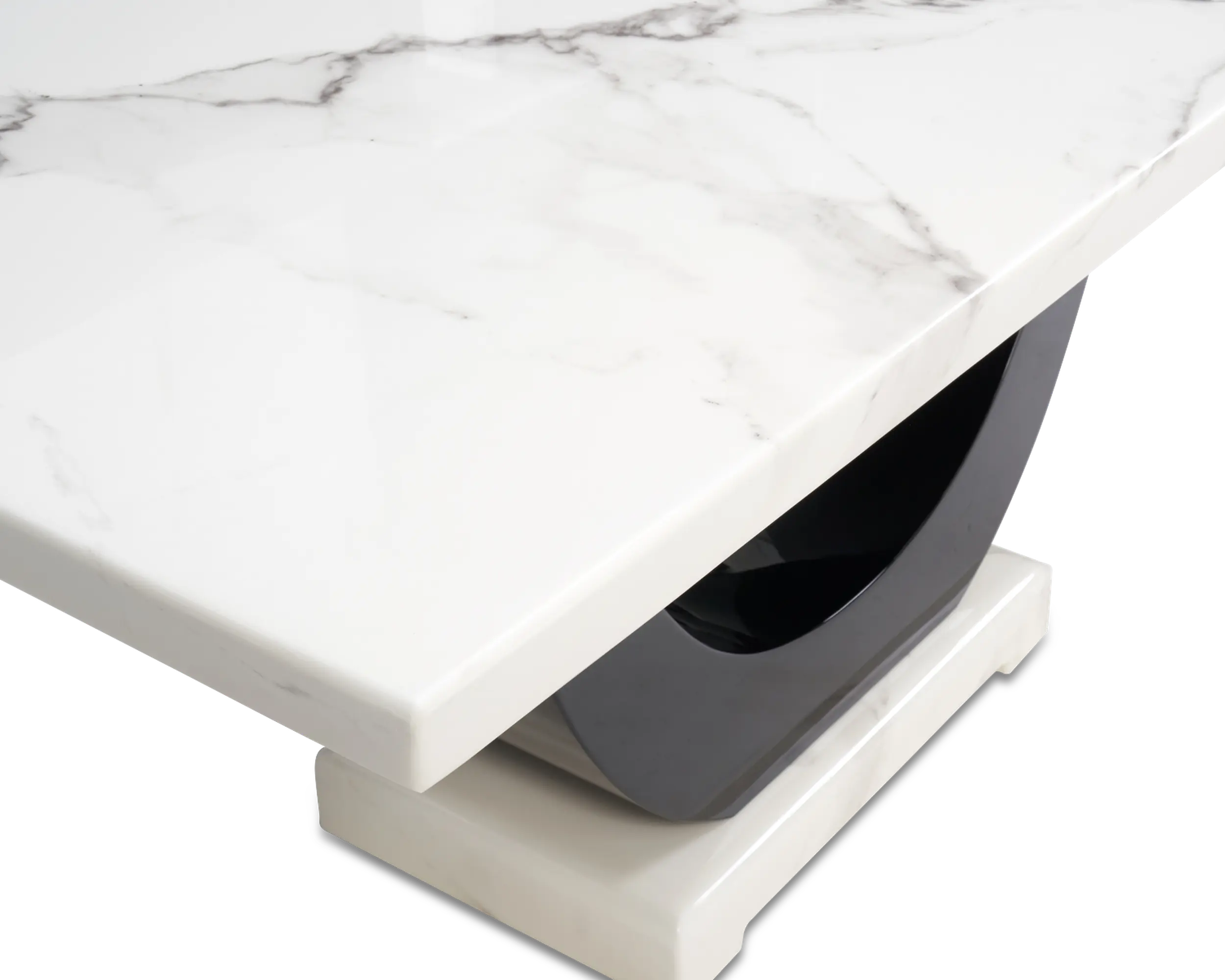 Modern White Marble Dining Table Set with 6 Beige color Quilted Chairs � Curved Black Base