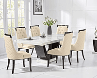 Modern White Marble Dining Table Set with 6 Beige color Quilted Chairs � Curved Black Base