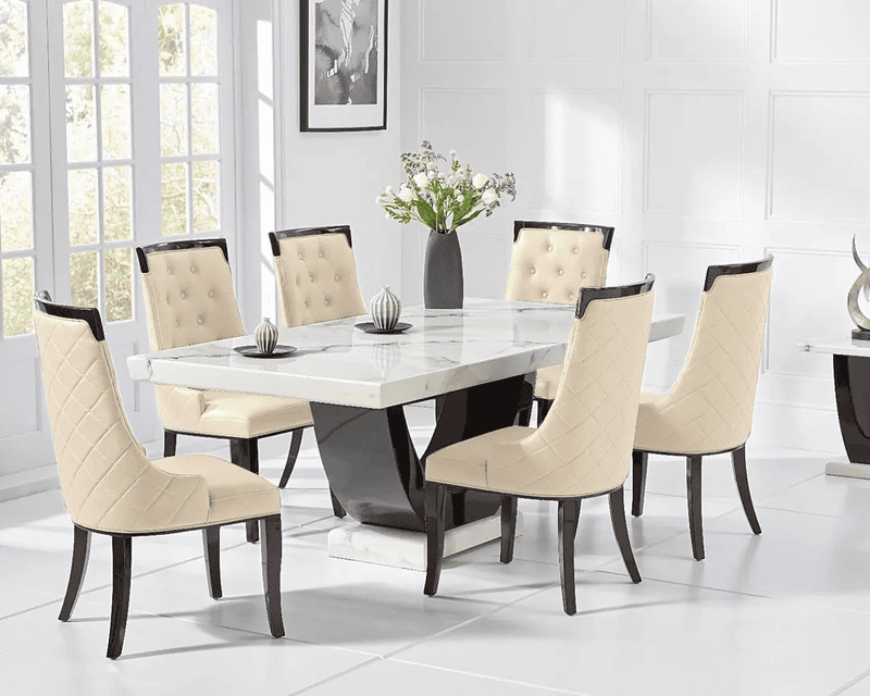 Modern White Marble Dining Table Set with 6 Beige color Quilted Chairs � Curved Black Base