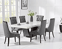 Modern White Marble Dining Table Set with 6 Grey Quilted Chairs � Curved Black Base