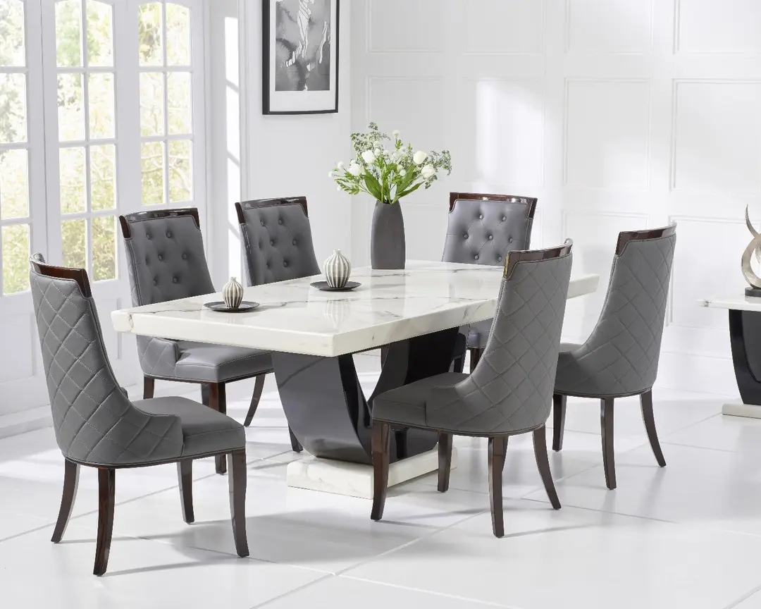 Modern White Marble Dining Table Set with 6 Grey Quilted Chairs � Curved Black Base