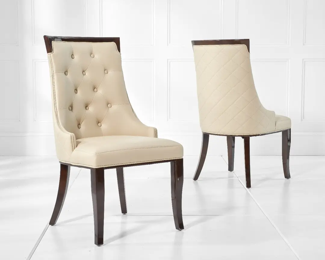 Modern White Marble Dining Table Set with 6 Beige color Quilted Chairs � Curved Black Base