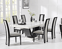 Contemporary Marble Dining Table Set with 6 High-Back Fabric Chairs � Gloss Black Curved Pedestal Base