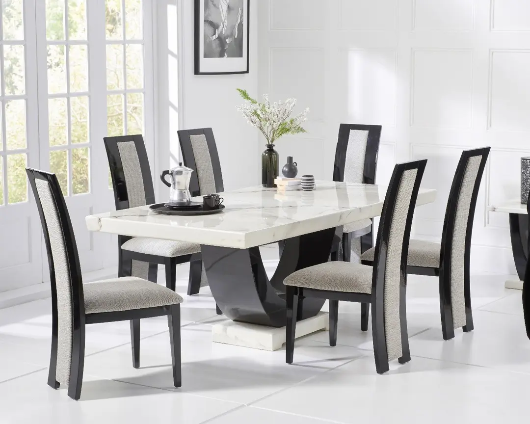 Contemporary Marble Dining Table Set with 6 High-Back Fabric Chairs � Gloss Black Curved Pedestal Base