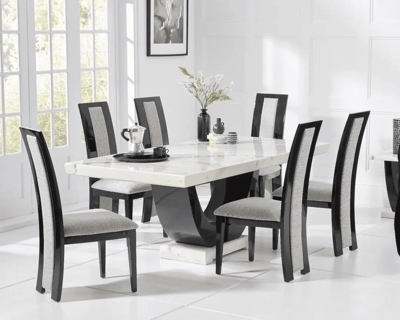 Contemporary Marble Dining Table Set with 6 High-Back Fabric Chairs � Gloss Black Curved Pedestal Base
