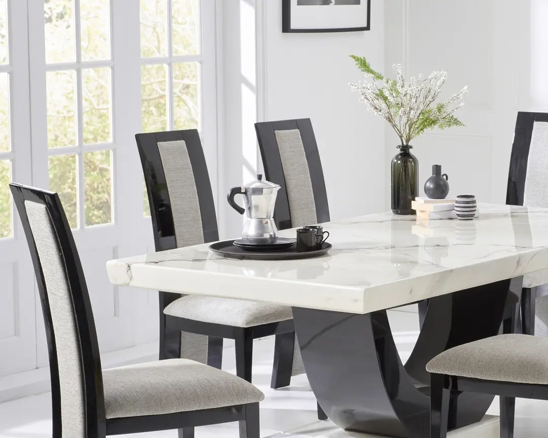 Modern Marble Dining Table Set with 6 Diamond-Stitched Grey Chairs � High Gloss Black Base