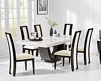 Modern Marble Dining Table Set with 6 Diamond-Stitched Grey Chairs � High Gloss Black Base