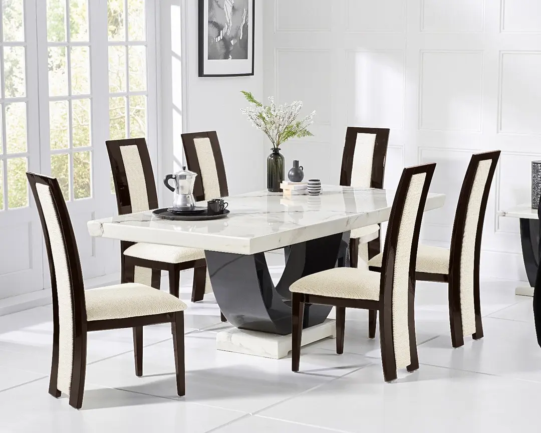 Modern Marble Dining Table Set with 6 Diamond-Stitched Grey Chairs � High Gloss Black Base