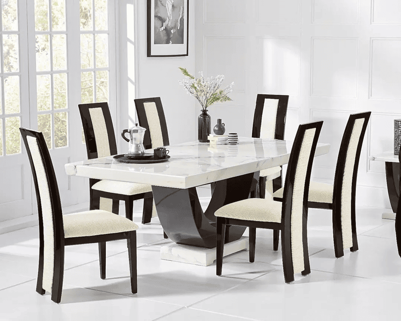 Modern Marble Dining Table Set with 6 Diamond-Stitched Grey Chairs � High Gloss Black Base