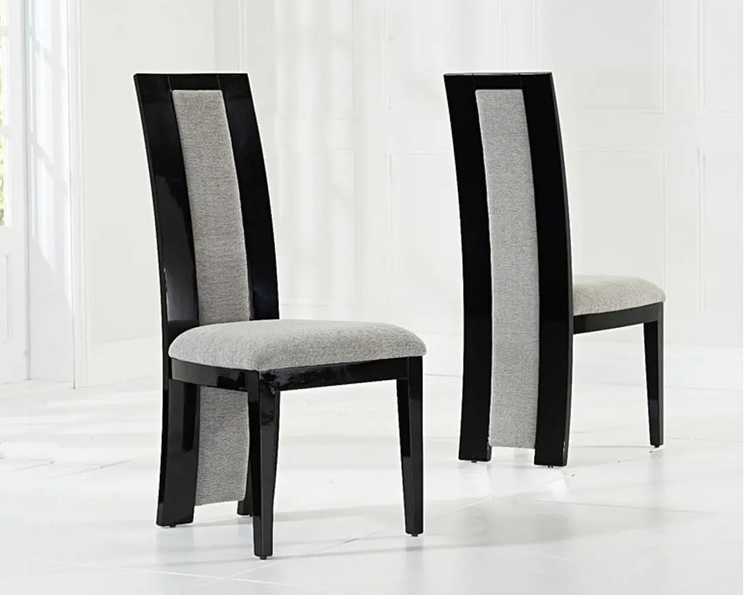 Contemporary Marble Dining Table Set with 6 High-Back Fabric Chairs � Gloss Black Curved Pedestal Base