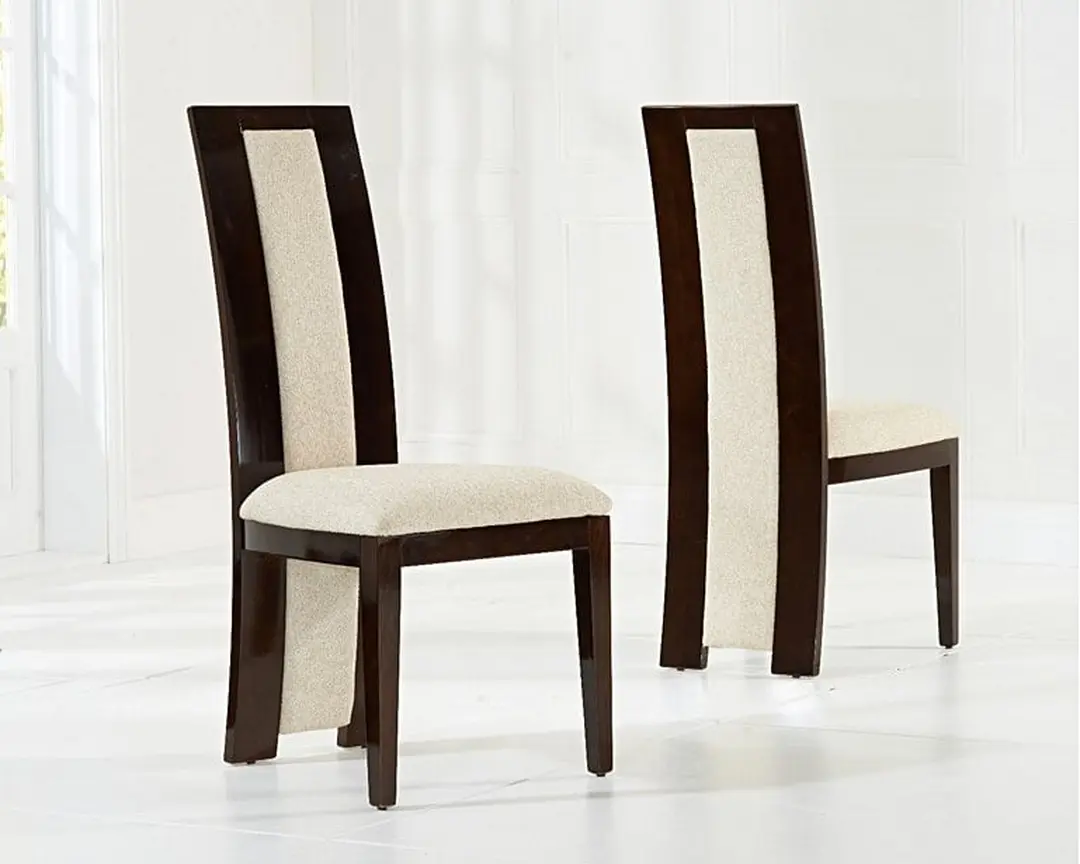 Contemporary Marble Dining Table Set with 6 High-Back Fabric Chairs � Gloss Black Curved Pedestal Base