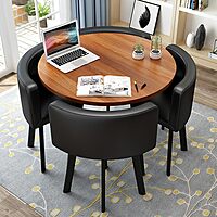 Modern Natural Wood Space-Saving Round Dining Table Set with Hidden Chairs