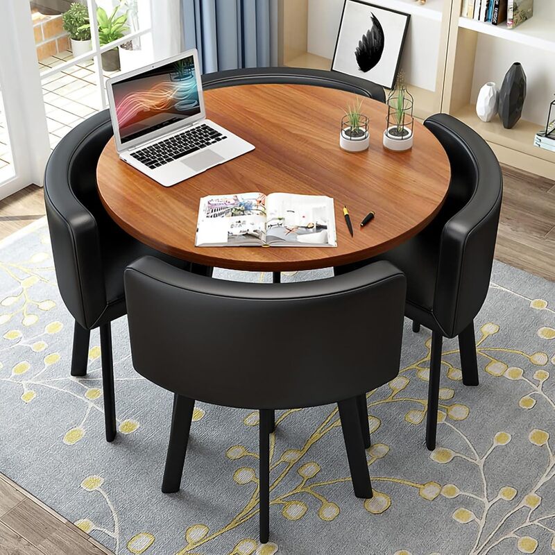 Modern Natural Wood Space-Saving Round Dining Table Set with Hidden Chairs